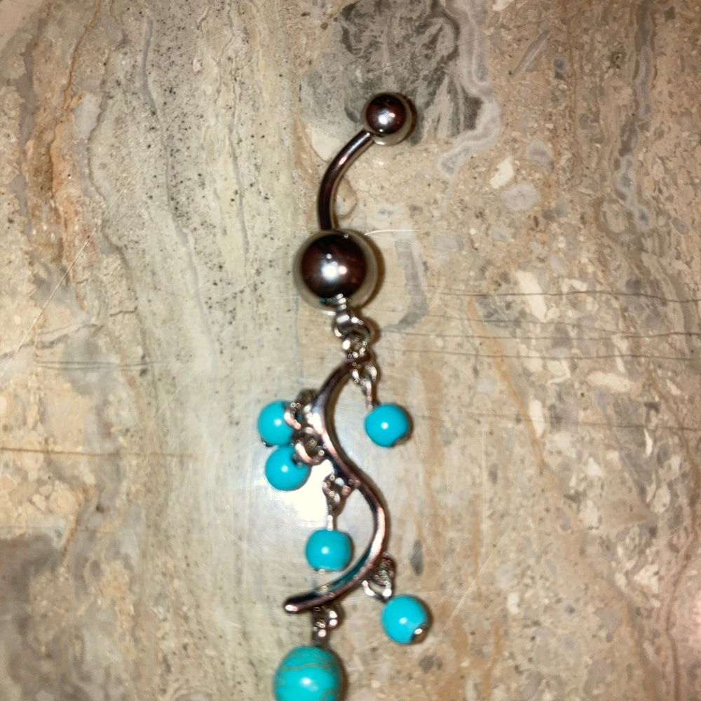 Turquoise color Chandelier Stainless steel w/surgical steel BELLY RING bar 2” - Picture 3 of 5
